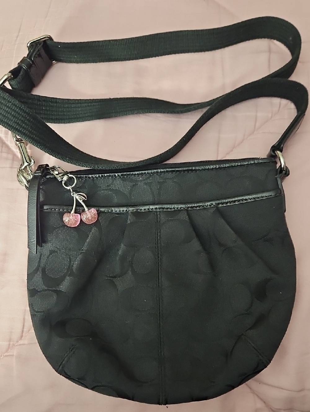 Coach Black Signature Crossbody with Pink Cherry Charm
